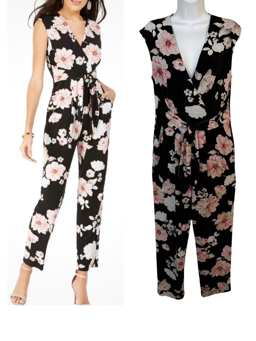 Jessica Howard Black Pink Sleeveless Jumpsuit Jumper Size Medium Dark Floral